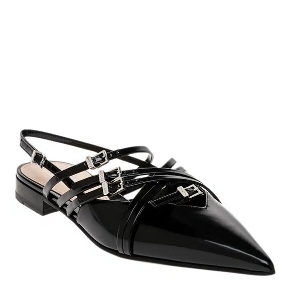 NWB Gucci Seraphine Strappy Buckle Pointed Toe Flats Slingback Black 39.5 796015 - Picture 1 of 9